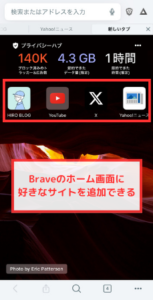 Braveブラウザのホーム画面は好きなサイトを追加できる